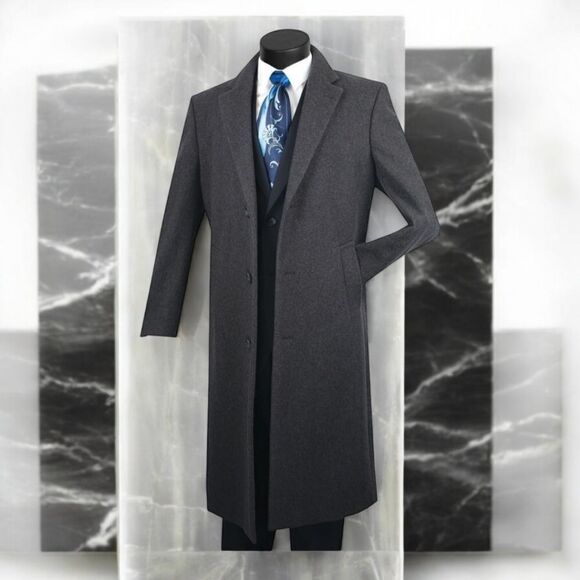 MEN'S VINCI FULL LENGTH 48" CHARCOAL CASHMERE BLEND TOP COAT. CL48 - Picture 1 of 4